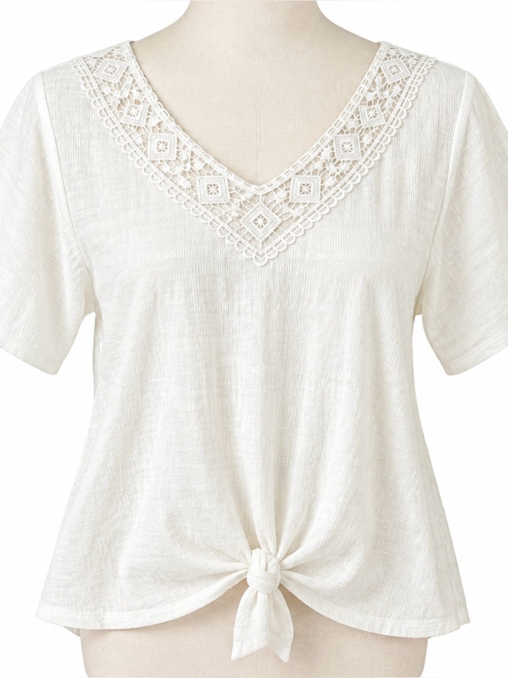 Women's Cream Lace V-Neck Tie-Front Top